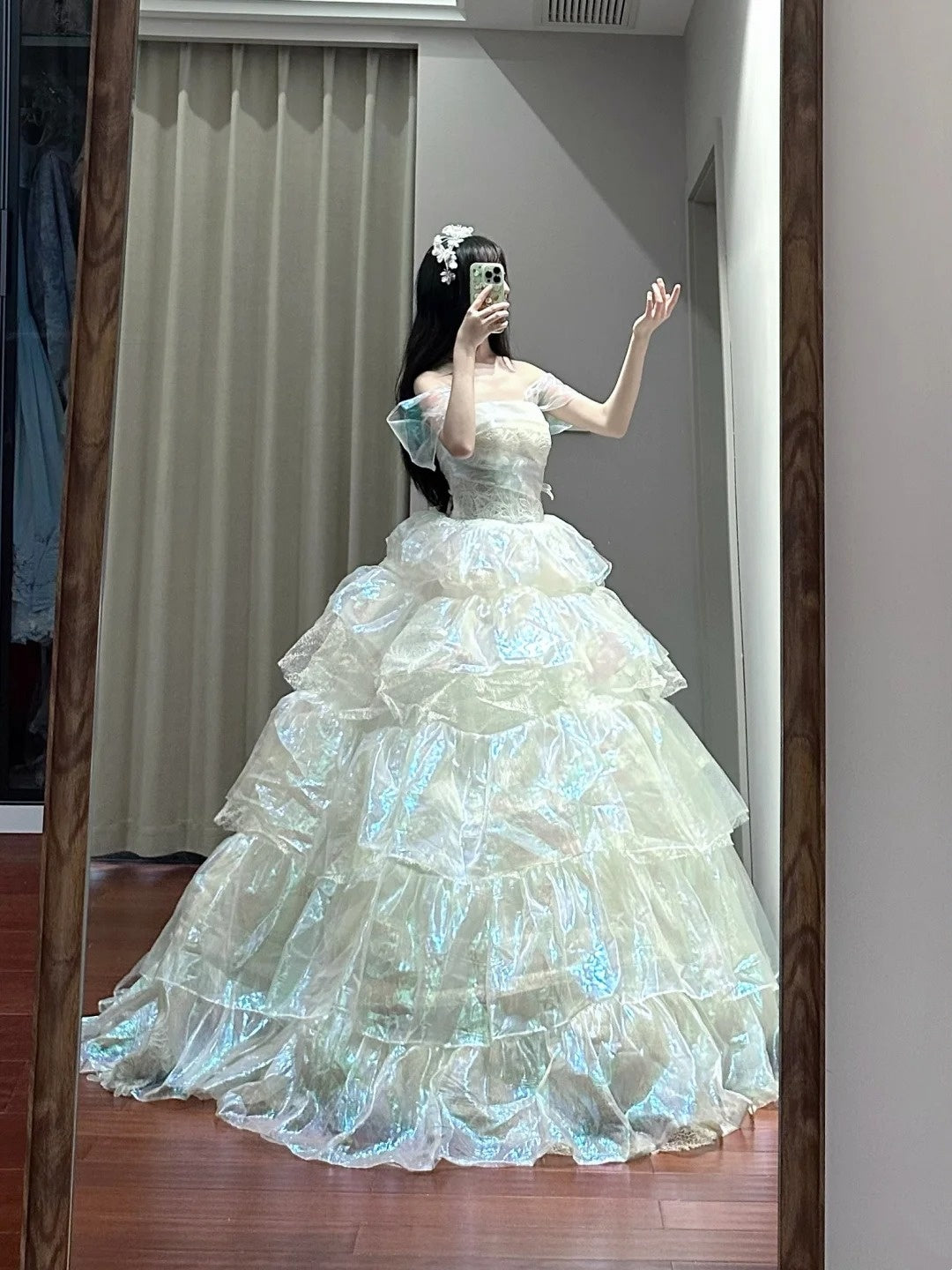 Shiny Prom Dress Off Shoulder Tiered Ball Gown Birthday Party Dress Princess Dress   D3450