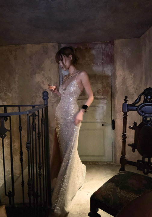 Shiny Prom Dress Spaghetti Straps Slit Long Evening Gown Cocktail Dress D3457