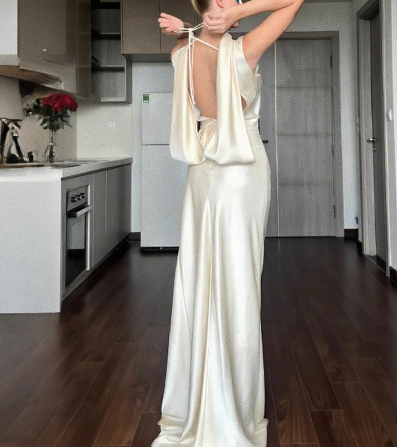 Charming Prom Dress High Collar Backless Pleated Long Evening Dress Gala Dress  D3466