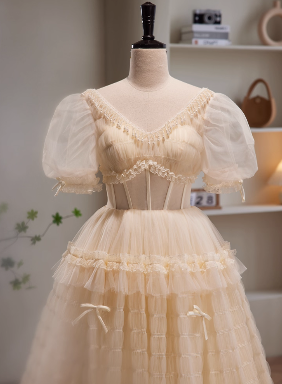 Sweet Prom Dress V-neck Tulle Pleated Quinceanera Dress Evening Dress  D3471