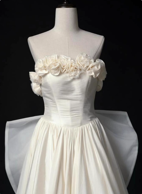Charming Wedding Dress A Line Strapless Flower Pleated Wedding Dress   D3485