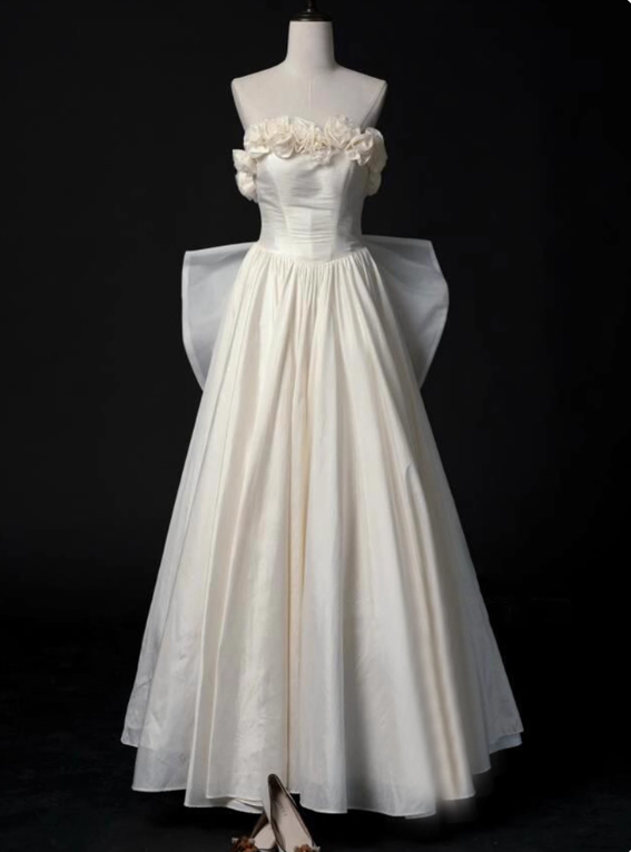 Charming Wedding Dress A Line Strapless Flower Pleated Wedding Dress   D3485