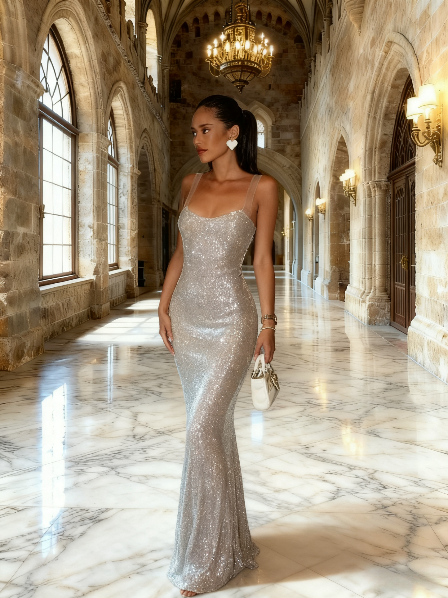 Robe de bal brillante à paillettes et col en cœur, robe de soirée sirène, robe de gala, robe de fête d'anniversaire, D3415