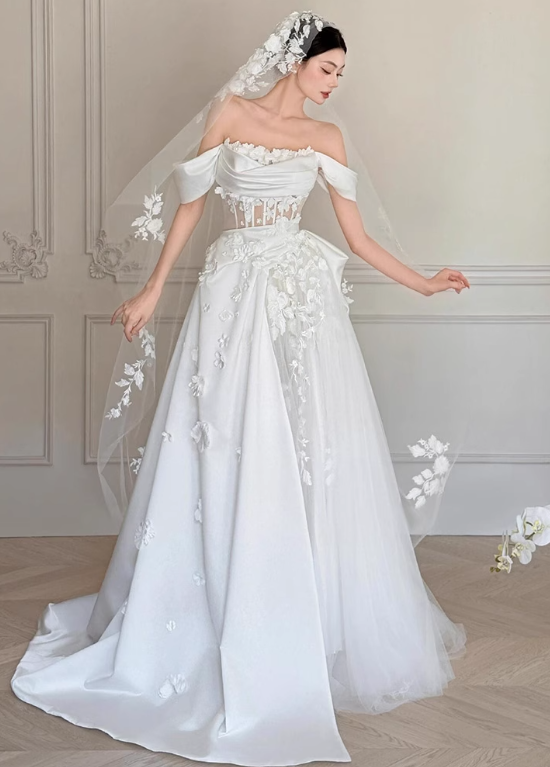 Stunning Wedding Dress Off Shoulder Floral Pleated Wedding Dress  D3509