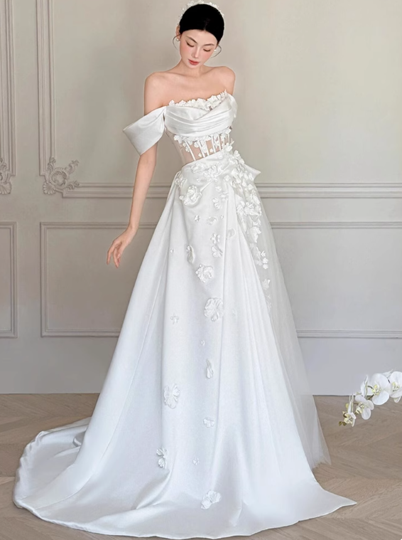Stunning Wedding Dress Off Shoulder Floral Pleated Wedding Dress  D3509