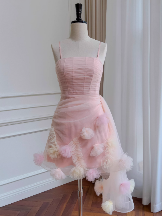 Sweet Homecoming Dress Spaghetti Straps Pleated Tulle Birthday Party Dress Cocktail Dress    D3512