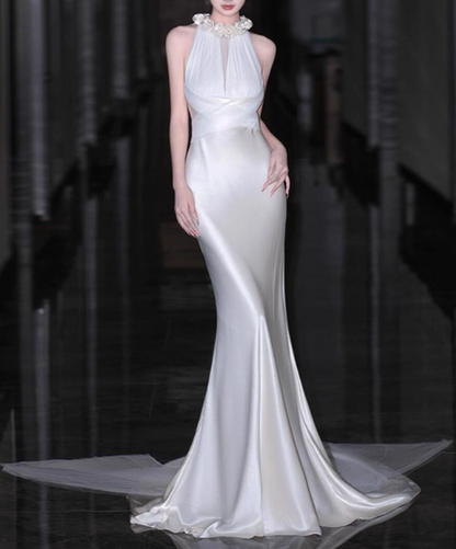 Elegant Wedding Dress Crew Neck Rose Pleated Mermaid Wedding Dress  D3257