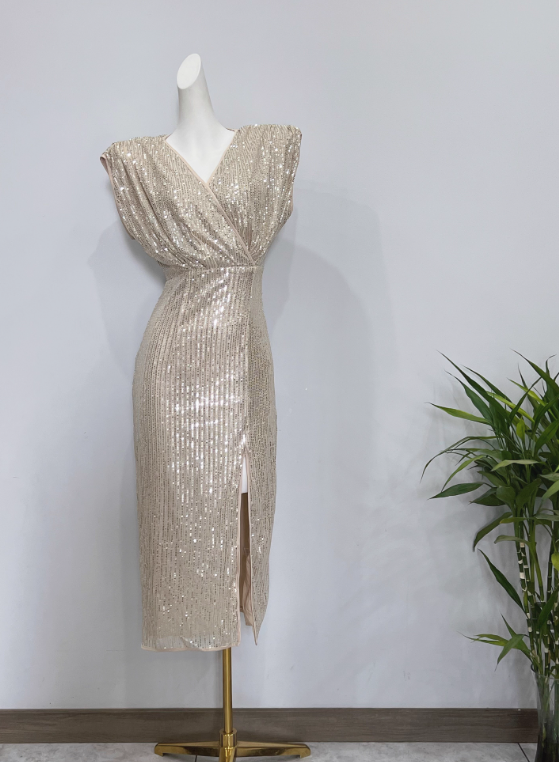 Shiny Prom Dress V-neck Slit Evening Dress Cocktail Dress Gala Dress       D3619