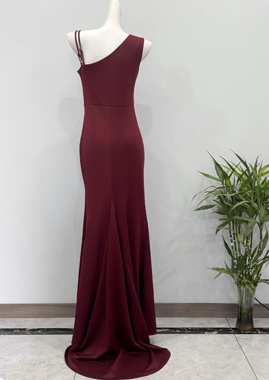 Stunning Prom Dress Wine Red Asymmetrical Neck Slit Evening Dress Birthday Party Dress     D3624