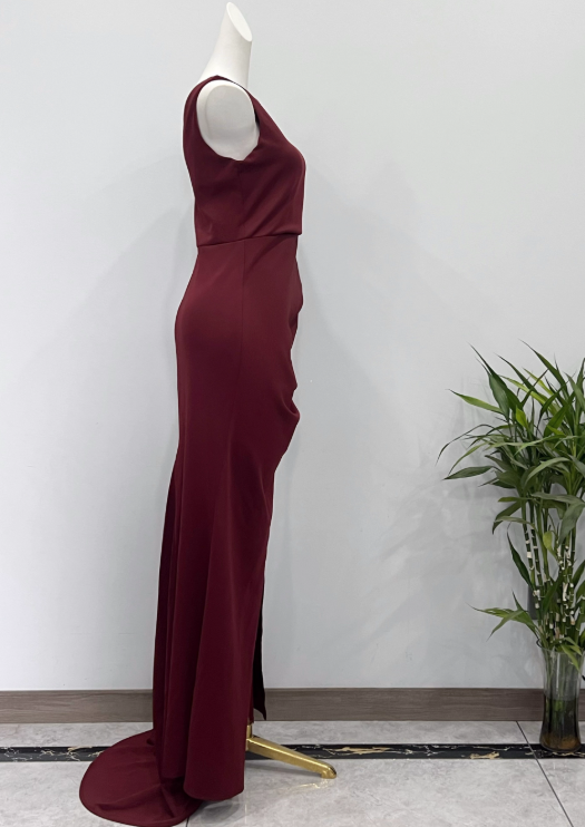 Stunning Prom Dress Wine Red Asymmetrical Neck Slit Evening Dress Birthday Party Dress     D3624