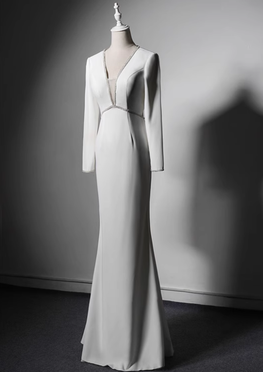 New Arrival Prom Dress White V-neck Backless Evening Dress Gala Dress     D3646