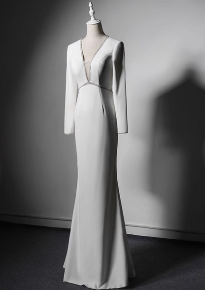 New Arrival Prom Dress White V-neck Backless Evening Dress Gala Dress     D3646