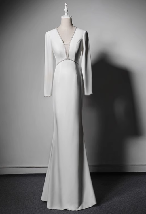 New Arrival Prom Dress White V-neck Backless Evening Dress Gala Dress     D3646
