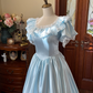 Beauty Prom Dress Baby Blue Crew Neck Pleated Lace Evening Gown Quinceanera Dress    D3648