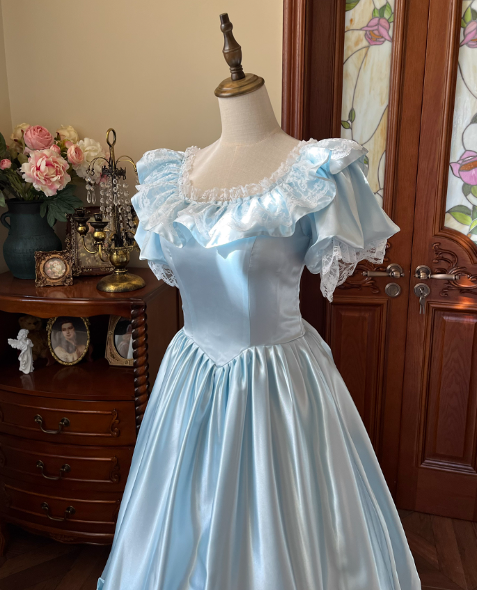 Beauty Prom Dress Baby Blue Crew Neck Pleated Lace Evening Gown Quinceanera Dress    D3648