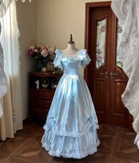 Beauty Prom Dress Baby Blue Crew Neck Pleated Lace Evening Gown Quinceanera Dress    D3648