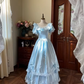 Beauty Prom Dress Baby Blue Crew Neck Pleated Lace Evening Gown Quinceanera Dress    D3648