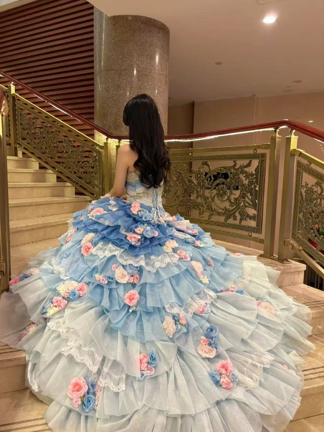 Stunning Prom Dress Strapless Tiered Flower Ball Gown Quinceanera Dress    D3709