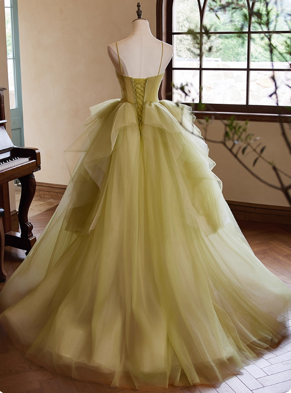 Pretty Prom Dress Spaghetti Straps Tulle Pleated Ball Gown Evening Dress Birthday Party Outfits   D3730