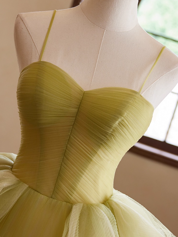Pretty Prom Dress Spaghetti Straps Tulle Pleated Ball Gown Evening Dress Birthday Party Outfits   D3730