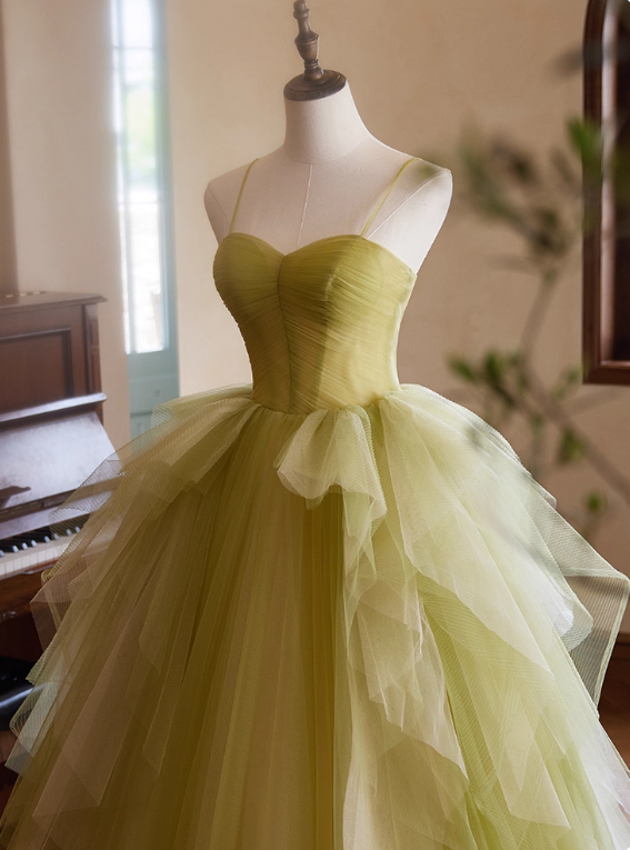 Pretty Prom Dress Spaghetti Straps Tulle Pleated Ball Gown Evening Dress Birthday Party Outfits   D3730