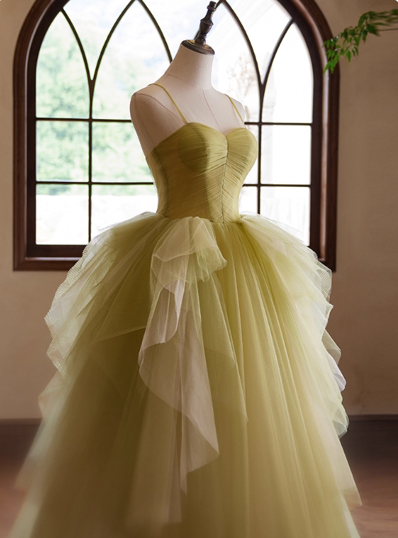 Pretty Prom Dress Spaghetti Straps Tulle Pleated Ball Gown Evening Dress Birthday Party Outfits   D3730