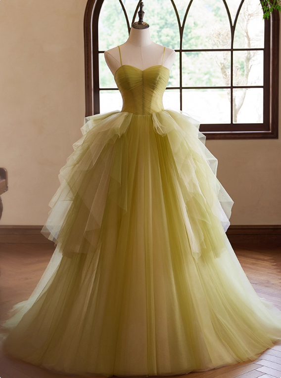 Pretty Prom Dress Spaghetti Straps Tulle Pleated Ball Gown Evening Dress Birthday Party Outfits   D3730