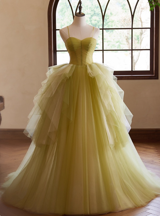 Pretty Prom Dress Spaghetti Straps Tulle Pleated Ball Gown Evening Dress Birthday Party Outfits   D3730