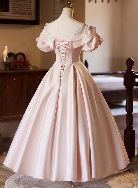Sweet Prom Dress Pink Crew Neck Pleated Ball Gown Evening Dress Birthday Party Outfits   D3731