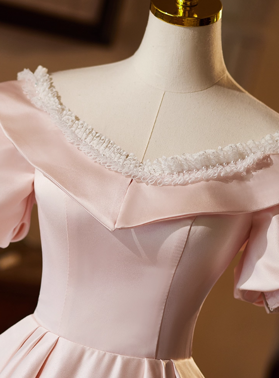 Sweet Prom Dress Pink Crew Neck Pleated Ball Gown Evening Dress Birthday Party Outfits   D3731