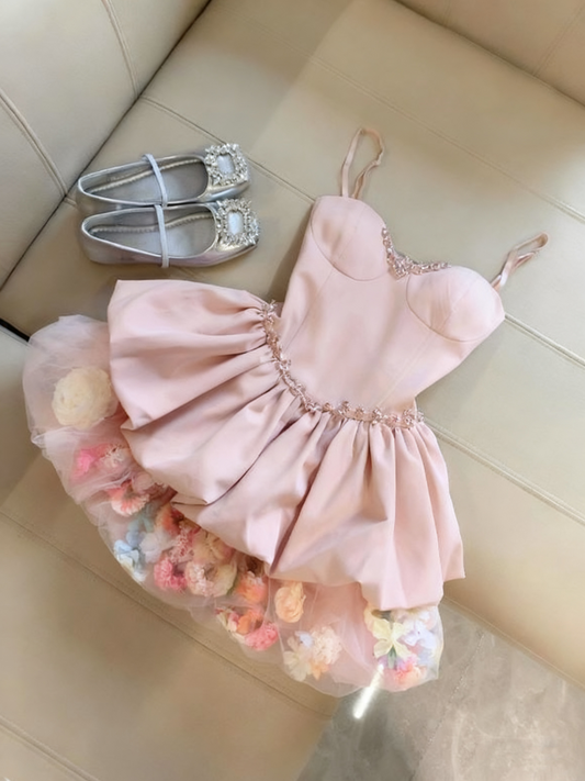 Popular Homecoming Dress Spaghetti Straps Pleated Flower Short Prom Dress Birthday Party Outfits     D3737