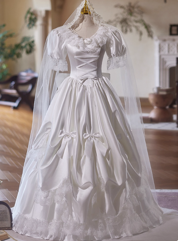 Retro Wedding Dress V-neck Pleated Lace Bowknot Wedding Dress  D3738
