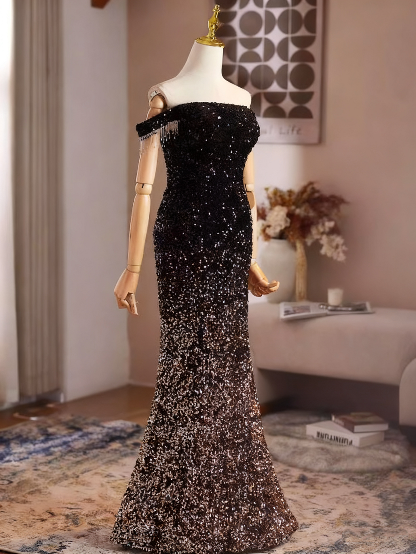 Shiny Prom Dress Off Shoulder Mermaid Evening Dress Gala Gown    D3752