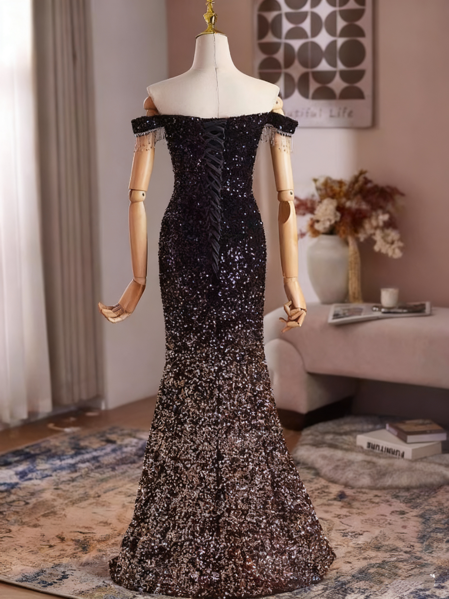 Shiny Prom Dress Off Shoulder Mermaid Evening Dress Gala Gown    D3752