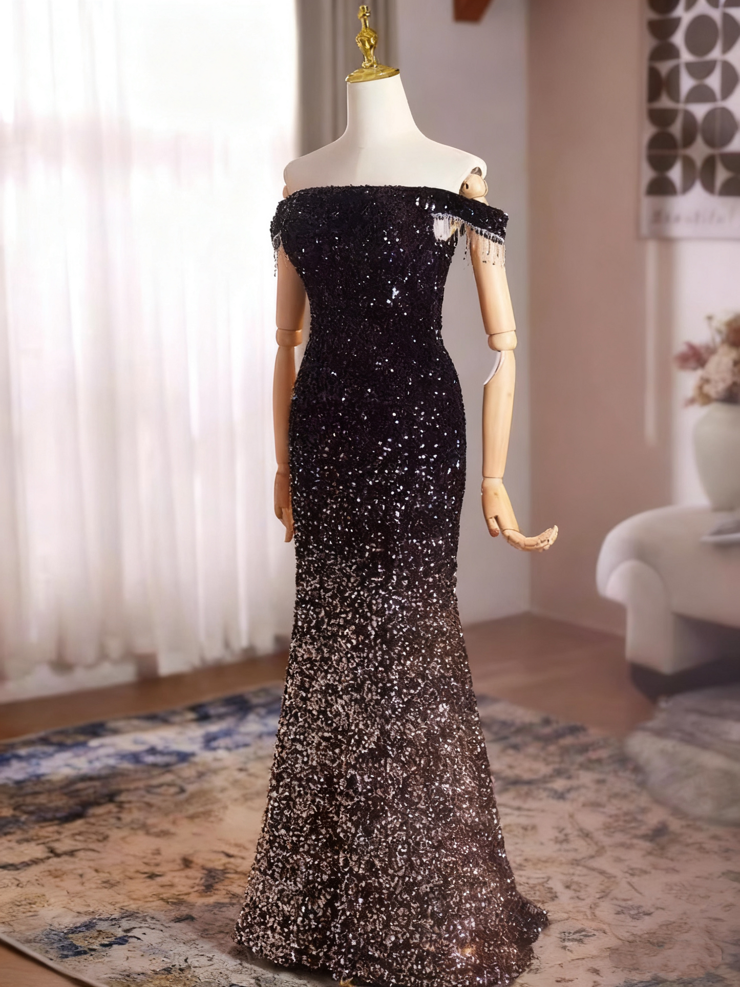 Shiny Prom Dress Off Shoulder Mermaid Evening Dress Gala Gown    D3752