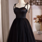 Elegant Prom Dress Black Spaghetti Straps Tulle Pleated Evening Dress Gala Gown      D3754