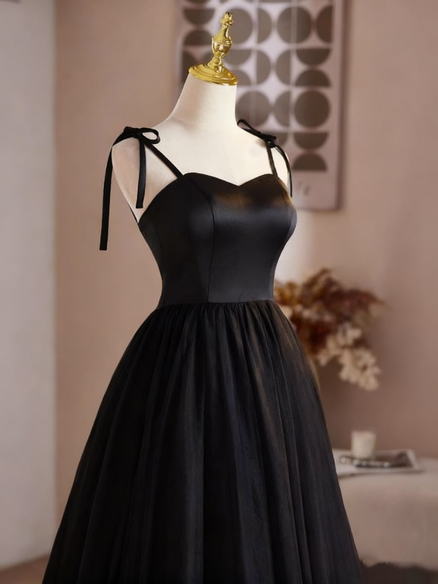Elegant Prom Dress Black Spaghetti Straps Tulle Pleated Evening Dress Gala Gown      D3754