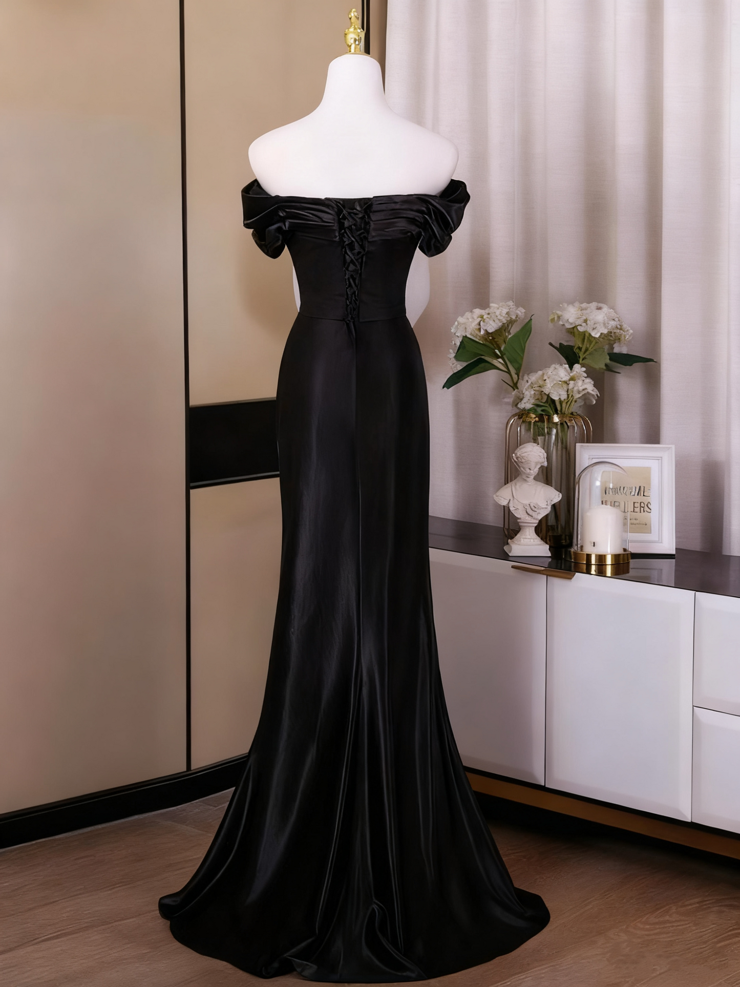 Minimalist Prom Dress Black Off Shoulder Pleated Mermaid Evening Dress Gala Dress  D3756
