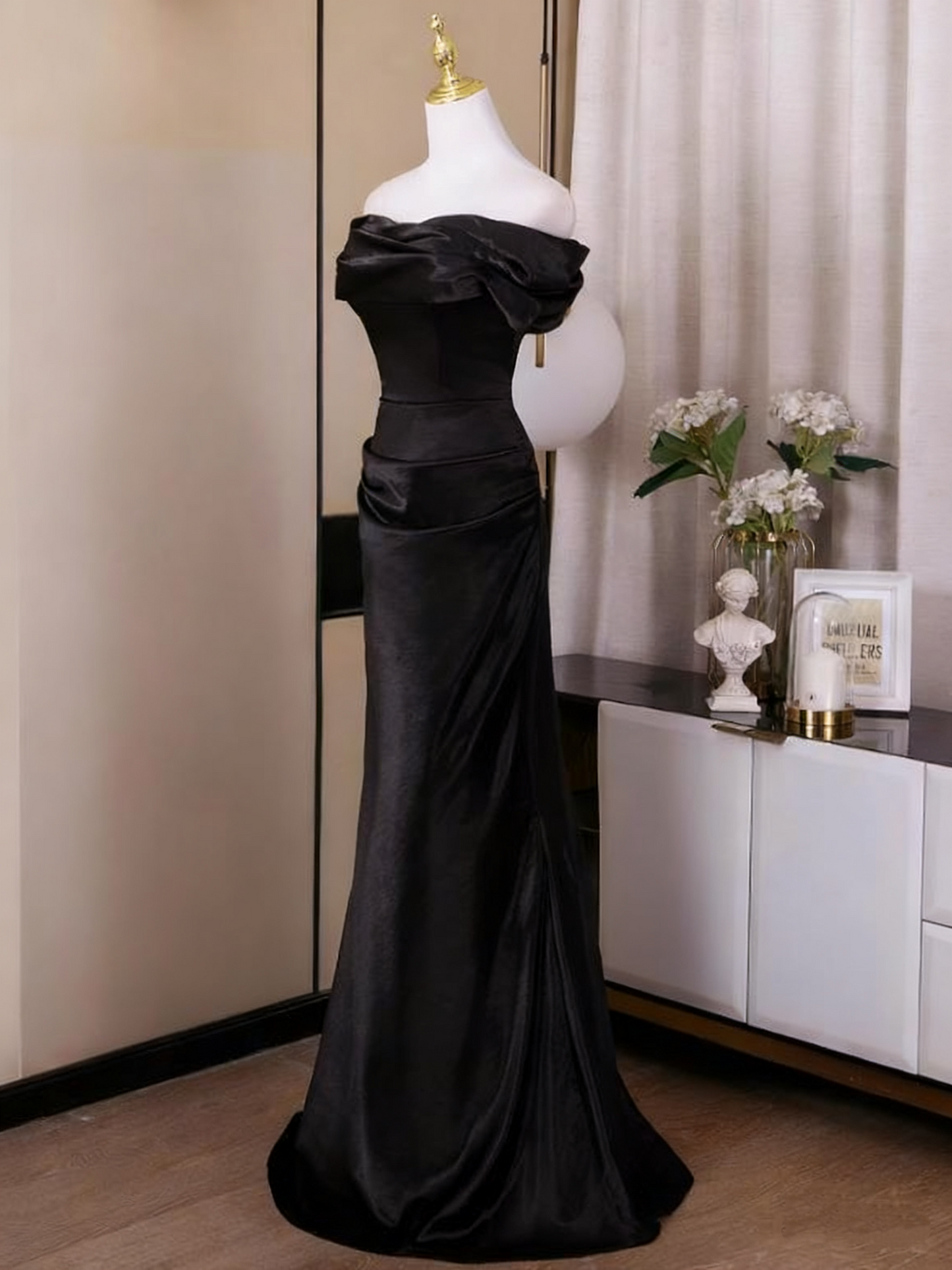 Minimalist Prom Dress Black Off Shoulder Pleated Mermaid Evening Dress Gala Dress  D3756