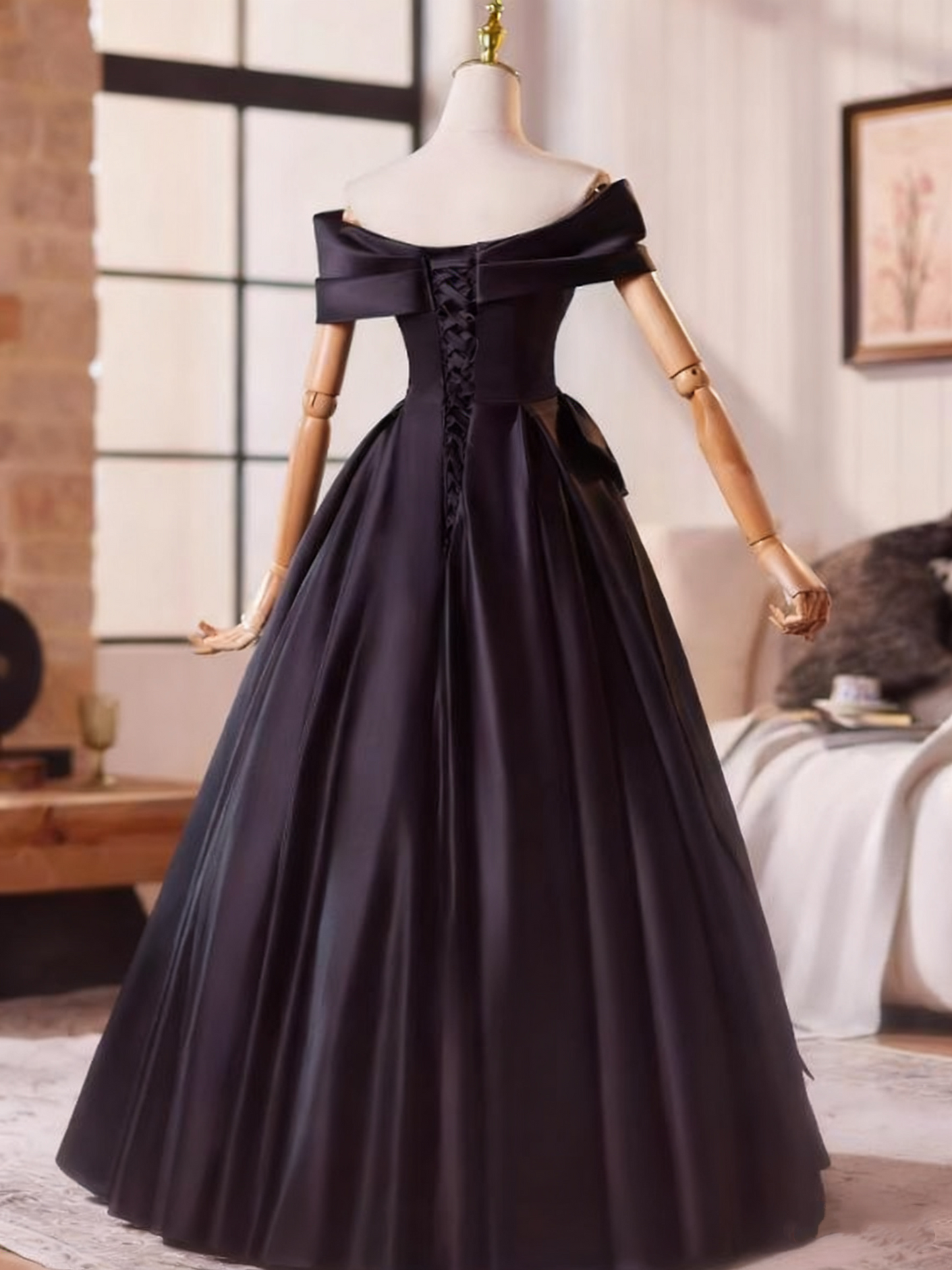 Elegant Prom Dress Black Off Shoulder Pleated Ball Gown Evening Dress   D3759
