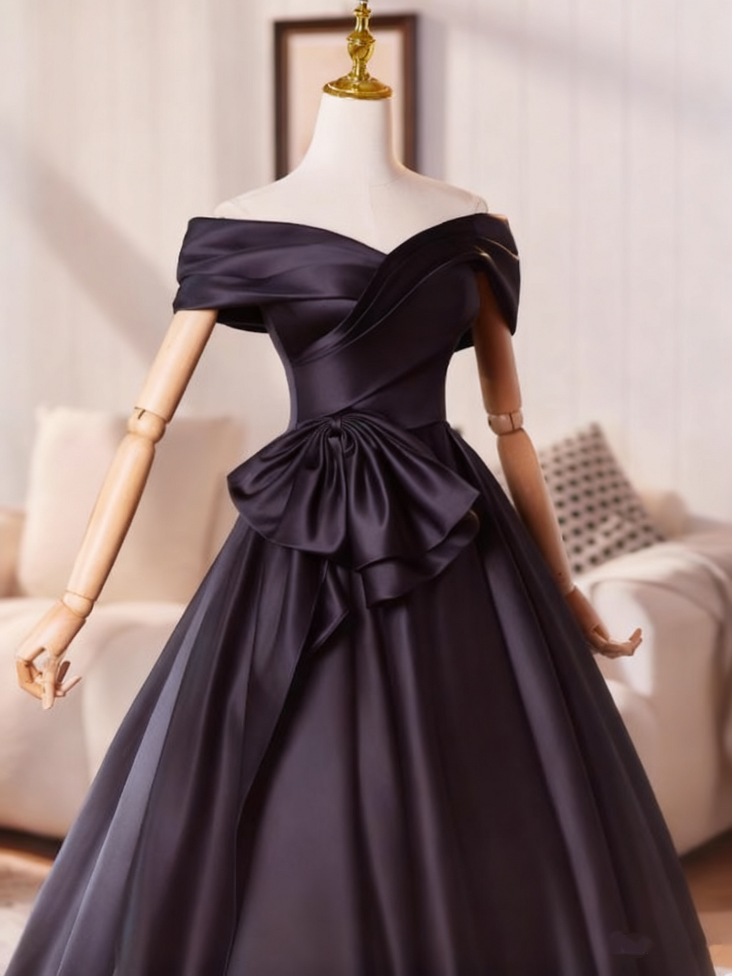 Elegant Prom Dress Black Off Shoulder Pleated Ball Gown Evening Dress   D3759