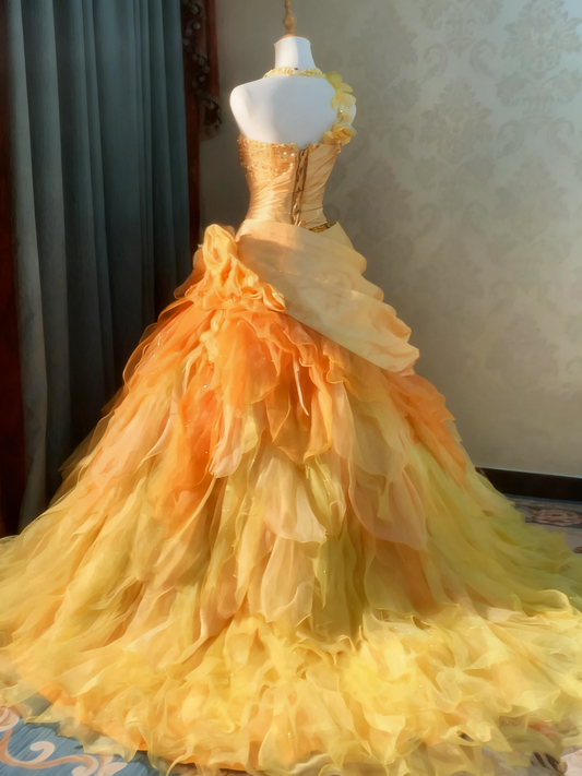 New Arrival Prom Dress One Shoulder Pleated Ruffle Ball Gown Quinceanera Dress   D3763