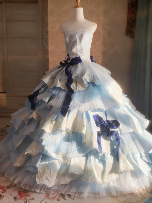 Sweet Prom Dress Strapless Pleated Tiered Ball Gown Evening Dress Birthday Outfits     D3768