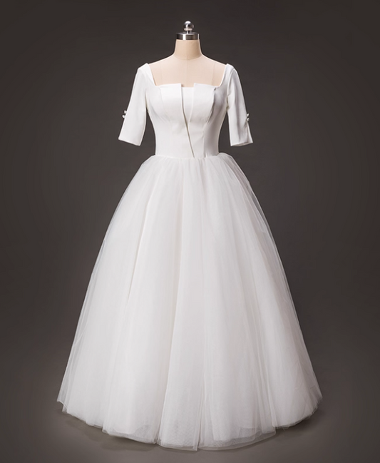 Minimalist Wedding Dress Square Neck Tulle Pleated Wedding Dress  D3796