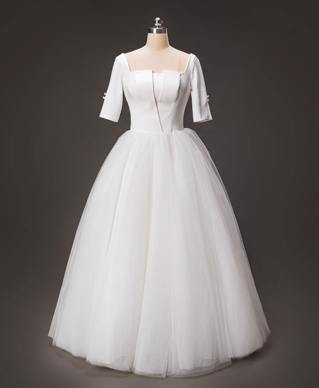 Minimalist Wedding Dress Square Neck Tulle Pleated Wedding Dress  D3796