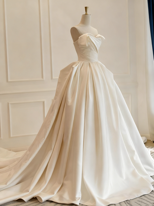 Minimalist Wedding Dress Asymmetrical Neck Pleated Wedding Dress  D3807