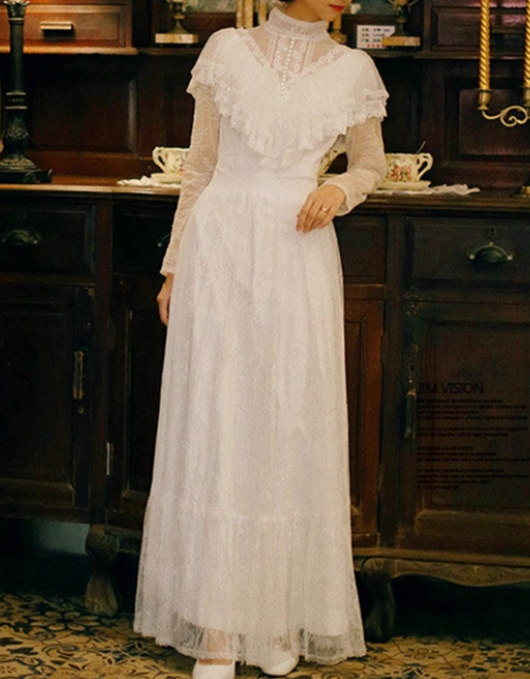 Retro Wedding Dress High Collar Lace Pleated Wedding Dress D3864