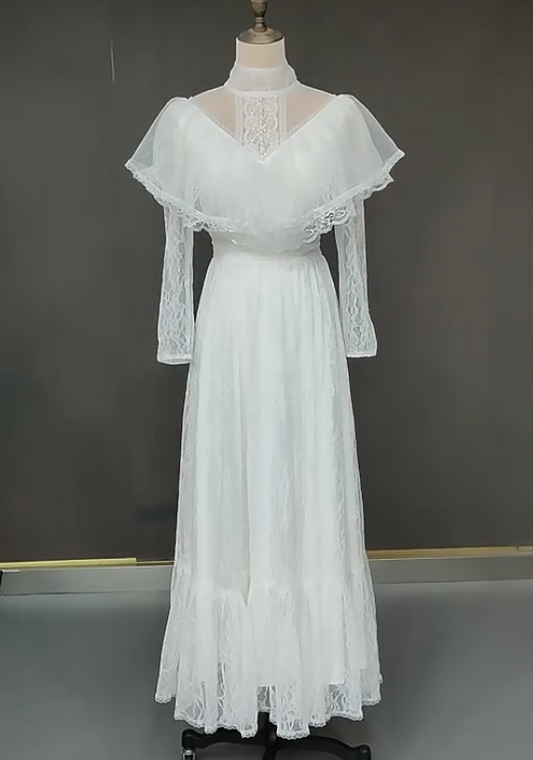 Retro Wedding Dress High Collar Lace Pleated Wedding Dress D3864