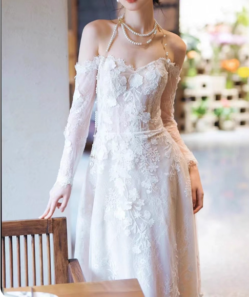 Elegant Wedding Dress Off Shoulder Long Sleeve Wedding Dress  D3866