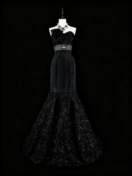 Beauty Prom Dress Black Strapless Pleated Mermaid Evening Dress Gala Dress   D3870